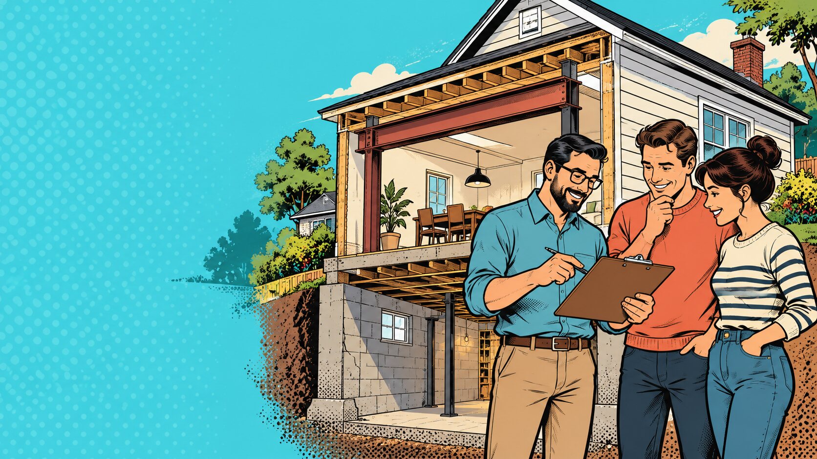 Illustration d’un ingénieur expliquant une modification structurale à des propriétaires